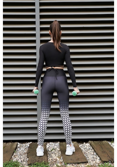 Lismina V Yaka Uzun Kollu Beli Bağcıklı Spor Crop Tişört Siyah