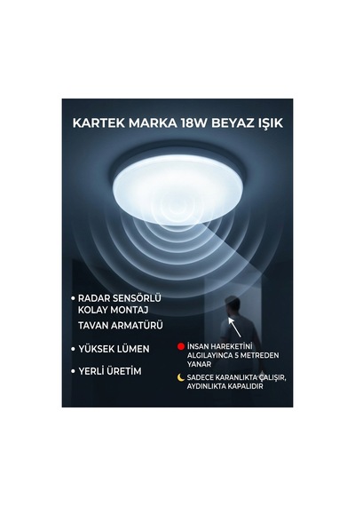 18w Ledli Radar Sensörlü Sıva Üstü Tavan Armatürü - Yüksek Lümen, Akıllı Aydınlatma,aydınlatma Glop Armatürü Led Avize Aplik Balkon Banyo Koridor Lambası Led Beyaz