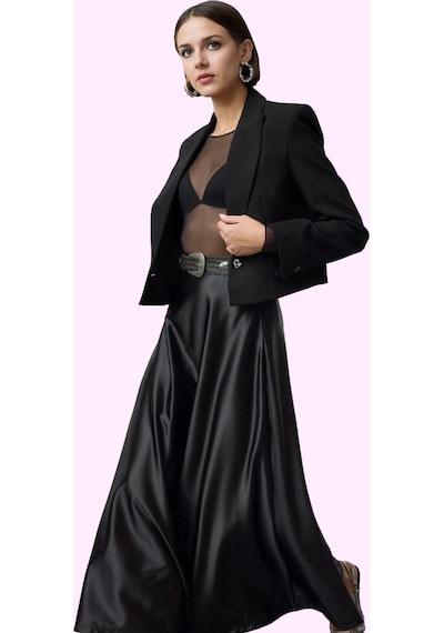 Ersefa Kadın Maxi Etek Yüksek Bel A Line Kesim Polyester Yazlık Günlük K Siyah