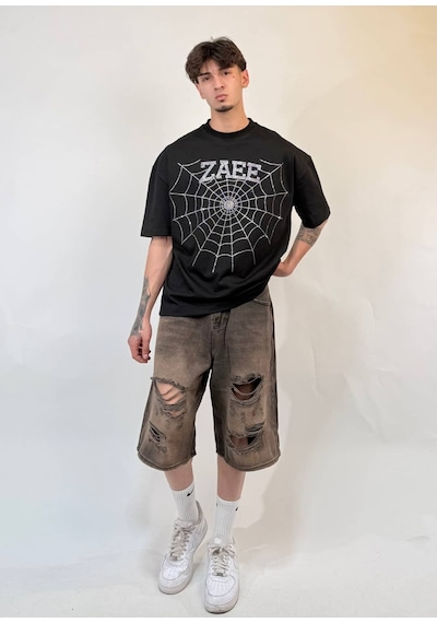 Zaee Spider Taş İşlemeli Oversize Tişört Siyah