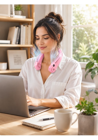 Pembe Boyun Tipi Fan Usb Şarjlı Hafif Tasarım Güçlü Hava Üflemeli Serinletici - Lisinya
