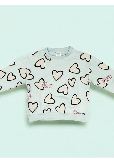 Kız Çocuk Kalp Detaylı Pamuklu Sweatshirt-15169 Mint