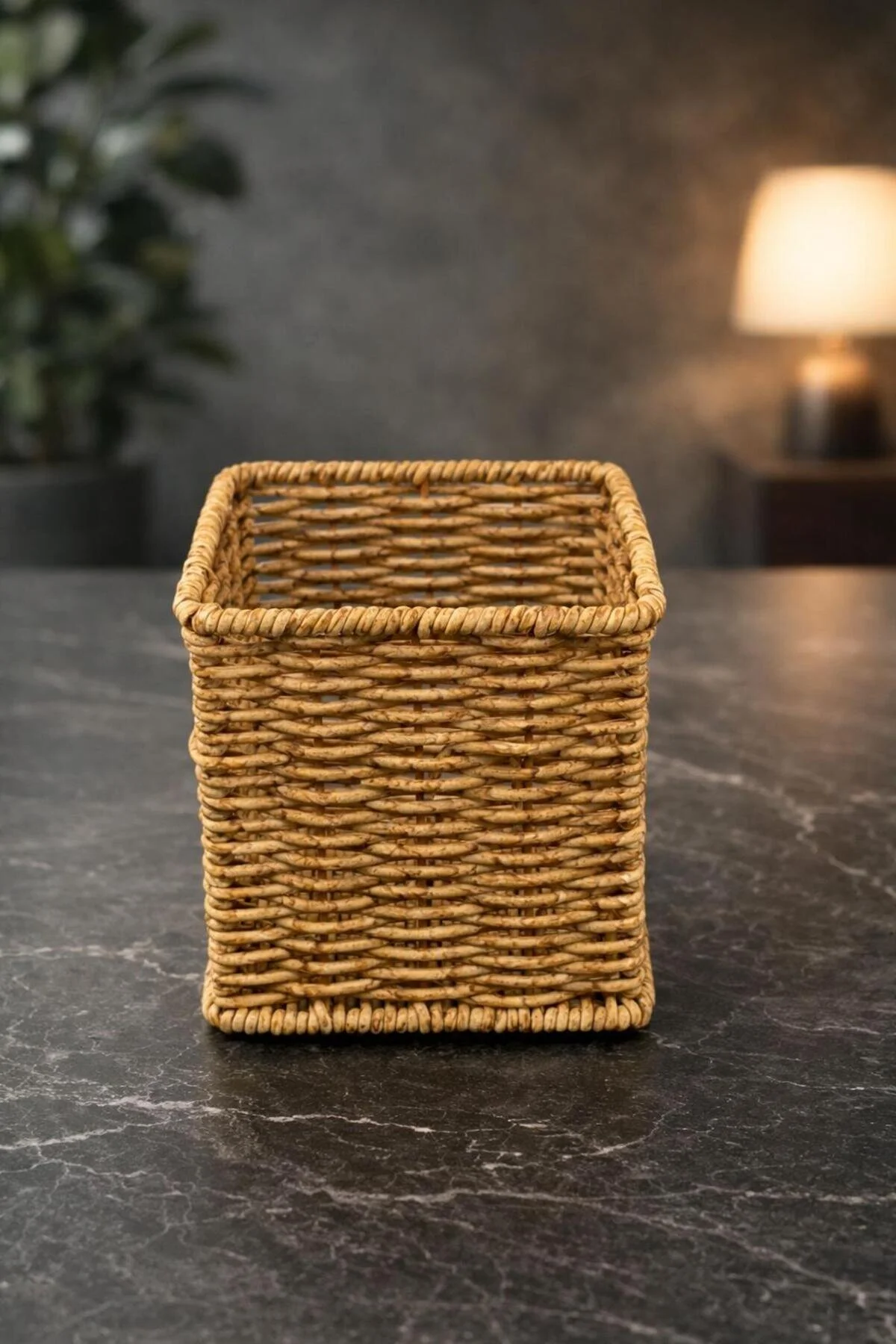 Hasır Rattan Kaşıklık Organizer Masa Tezgah Üstü Kare 11cm Açık Kahverengi