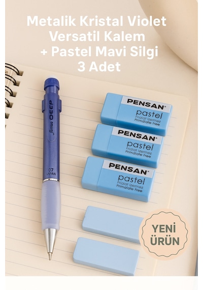 Metalik Kristal Violet Versatil Kalem + Pastel Mavi Silgi 3 Adet Metalik Mavi