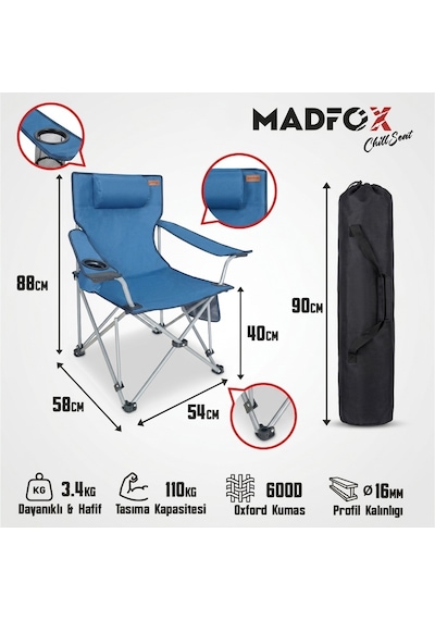 Madfox Chillseat Yastıklı Katlanabilir Kamp Sandalyesi Mavi