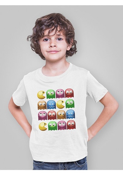Sevbano Pacman Oyun Baskılı Unisex Çocuk Tişört 1-12 Yaş Beyaz