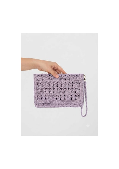 Myzumax El Örmesi Kadın Kağıt İp Portföy Çanta - 2 Bölmeli Mıknatıslı Bilek Askılı Bohem Clutch Lila