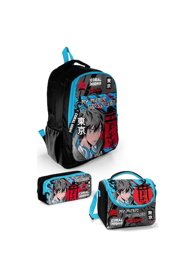 Coral High Kids Siyah Mavi Anime Desenli 3 Lü Okul Çanta Seti Set0123666
