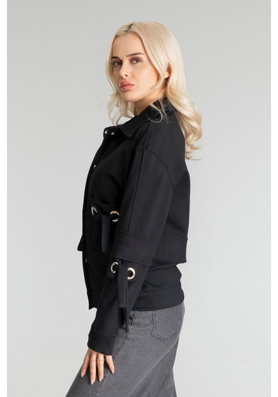 Bold & Young Kadın Viskon Polyester Likralı Kumaş Kuş Gözü Ve Fermuar Aksesuarlı Çıt Çıtlı Cepli Ceket Siyah