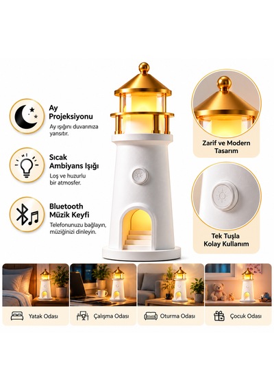 Kenly Deniz Feneri Ay Projeksiyonlu Led Gece Lambası Bluetooth Hoparlörlü Kumandalı Dimmerli 2400 Mah Şarjlı Masa Lambası Beyaz
