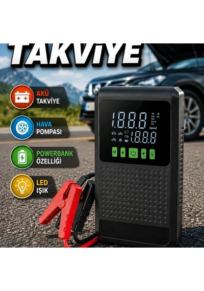 Şarjlı Araç Akü Takviye Cihazı Dijital Hava Kompresörü Powerbank Led Fenerli