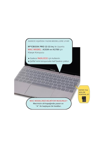 Macbook Klavye Koruyucu A1534 A1708 Uyumlu İngilizce Baskılı Silikon Klavye Koruyucu Uk Enter Şeffaf