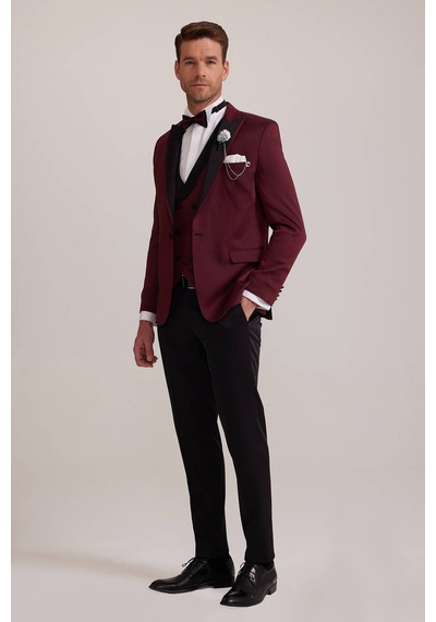 Ysf Erkek Bordo Kırlangıç Yaka Yelekli Slim Fit Desenli Damatlık