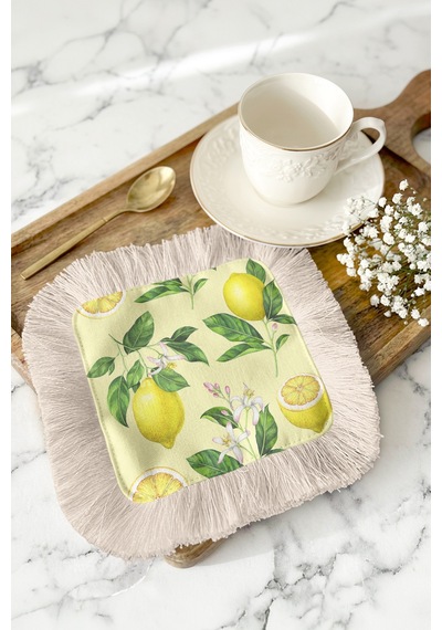 Limon Çiçek Bahçesi Saçaklı Sunum Peçetesi - Pastel Yaz Ferahlığı Akdeniz Sarı Bardak Altlığı Mendil Çok Renkli