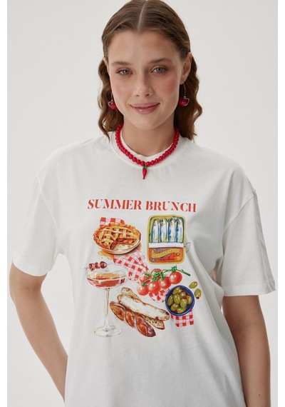 Buly Summer Brunch Baskılı T Shırt Ekru