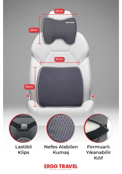 Viscofoam Carfort Büyük Visco Araç Boyun Yastığı – Visco Araç Bel Yastığı Takım - Araç Yastığı - Gri | Ergo Travel