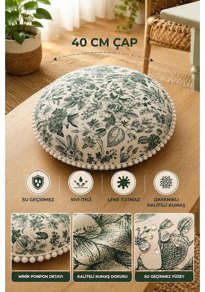 Yeşil Çiçekli Toile De Jouy Desenli Yuvarlak Minder 40 Cm - Su Geçirmez, Sıvı İtici, Leke Tutmaz, Ponponlu Çok Renkli Yeşil Çiçekli Toile De Jouy Desenli Yuvarlak Minder 40 Cm - Su Geçirmez, Sıvı İtici, Leke Tutmaz, Ponponlu Çok Renkli