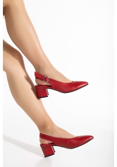 Analin Shoes Kadın Hakiki Deri Bilekten Bağlı Toka Detaylı Topuklu Ayakkabı Kırmızı