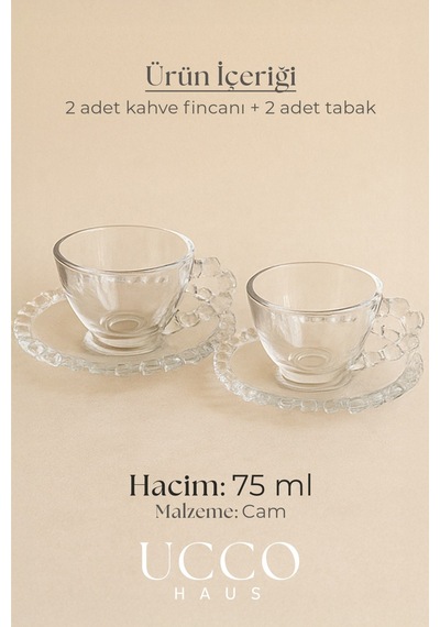 2'li Cam Fincan Seti 2 Bardak + 2 Tabak Kahve Fincanı Çay Fincanı Şık Kahve Ve Çay Sunum Bardağı Şeffaf