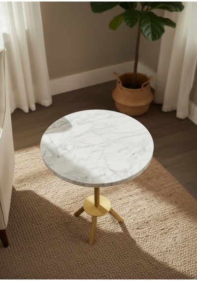 Yan Sehpa Gold Metal Burgu Ayaklı 40 Cm Çap 53 Cm Yükseklik Mermer Desenli Mdf Sehpa Diğer