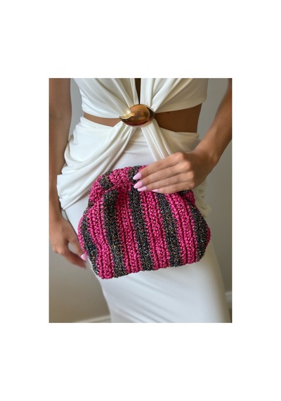 Genel Markalar El Örgüsü Fuşya Sim Detaylı Clutch Abiye El Çantası El Yapımı Kadın Portföy Çanta Pembe Pembe