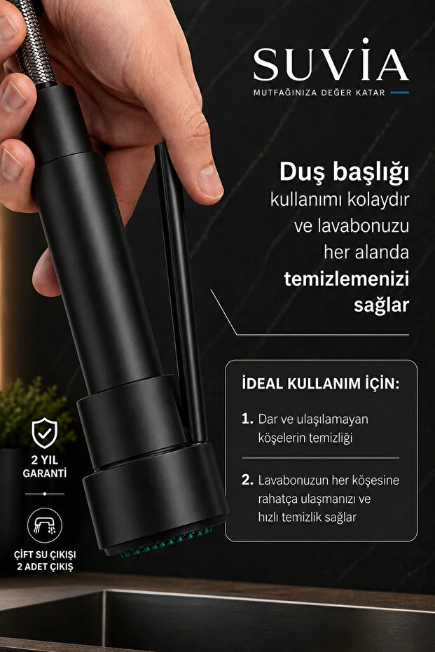 Endüstriyel Mutfak Bataryası Profesyonel Yaylı Spiralli Çift Su Çıkışlı Esnek Eviye Musluğu Siyah
