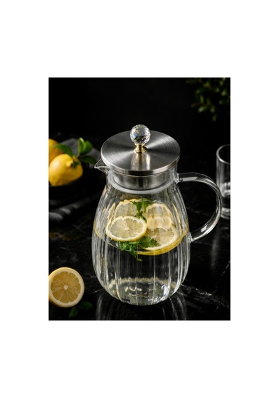Büyük Boy Borosilikat Tasarım Cam Sürahi,1800 Ml,metal Süzgeç Kapaklı,su,limonata,detoks,çay Sürahisi-taşlı Model