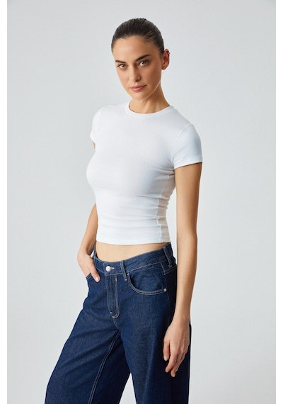 Grimelange HOPEWELL Kadın Yuvarlak Yaka Örme Slim Fit Beyaz T-Shirt