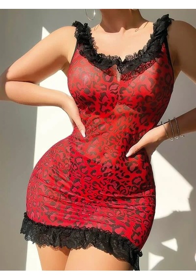 Ang Butik Kadın Sırt Dekolteli Kırmızı Leoparlı Gecelik