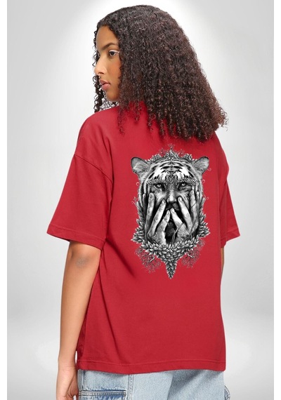 Yarım İnsan Yarım Leopar Mutant Leopar Kral Kırmızı Oversize Unisex Ön Ve Sırt Baskılı Tişört Kırmızı