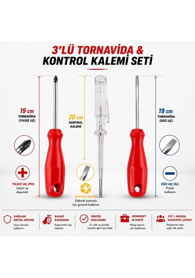 Edonı 3 Lü Tornavida Ve Kontrol Kalemi Seti, 19 Cm Yıldız Ve Düz Uç Tornavida, 20 Cm Kontrol Kalemi, Ergonomik Saplı, Ev Ofis Günlük Tamirat Ve Pratik El Aleti Seti