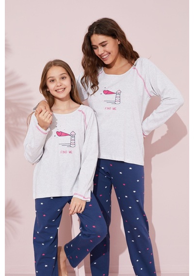 Siyah İnci Pamuklu Örme Pijama Takım 24241111 Gri