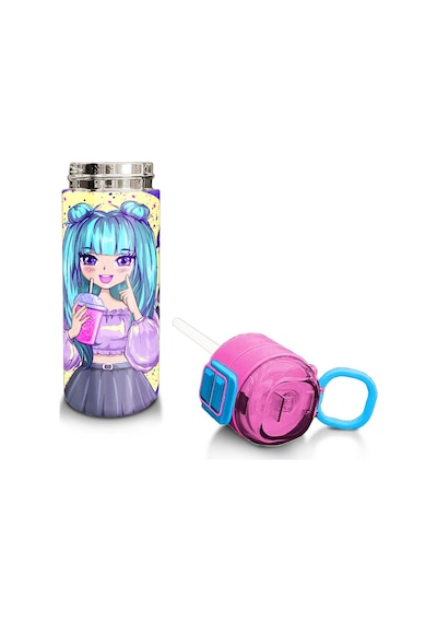 Coral High Kids Mor Pembe Anime Kız Desenli Pipetli Ve Direkt İçim Çelik Termos 500 Ml 31942 Mor