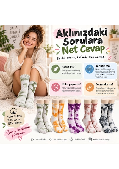 Womanandkids Wak Unisex Batik Desenli Çorap 5'li Set Renkli Pamuklu Uzun Soket Dikişsiz Nefes Alan Günlük Spor Çorabı Çok  Renkli