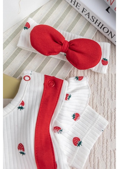 Babymod Pamuklu Kız Bebek Yazlık Tulum Takım Set Bandanalı Fiyonklu Kırmızı