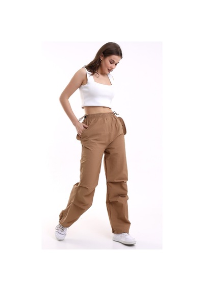 Dechival Kadın Siyah Paraşüt Pantolon Camel