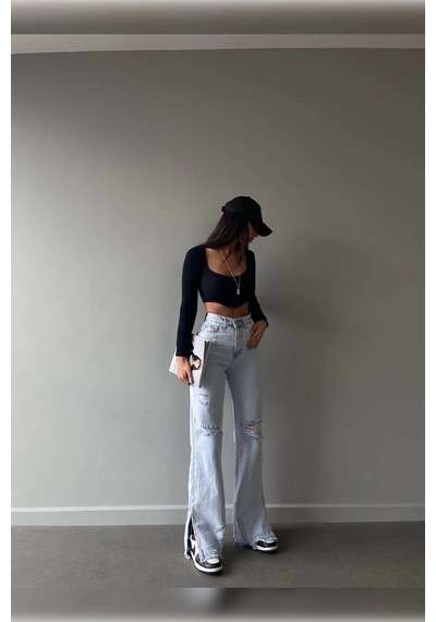 Buz Mavi Lazer Detaylı Premium Yıkamalı Wide Leg Jeans Buz Mavi Lazer