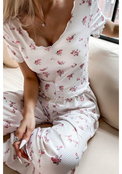 Bella Notte Ekru Çiçek Baskılı Süs Düğmeli Yazlık Pijama Takımı