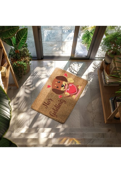 Hoş Geldiniz Yazılı Köpek Figürlü Kapı Önü Paspası Dekoratif Kaymaz Taban Gri