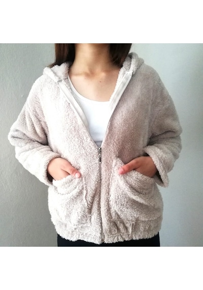 Yumuşacık Peluş Kapşonlu Fermuarlı Sweatshirt Hırka Taş Renk Çok Renkli