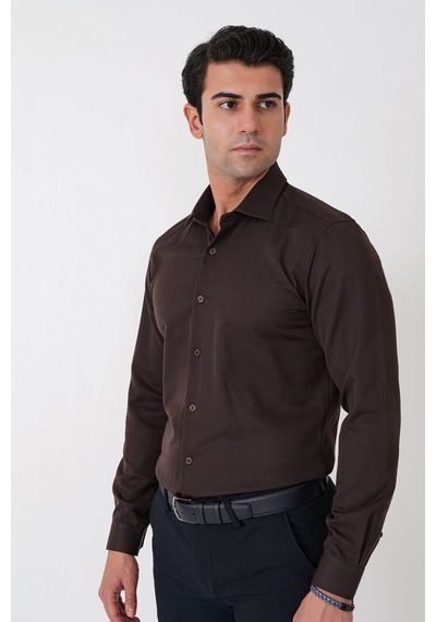 Slim Fit Pamuk Saten Klasik Kahverengi Gömlek Gk 604