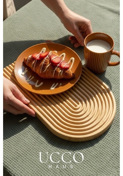 Doğal Bambu Sunumluk - 33x20x1,3cm Kahve, Tatlı, Peynir Oval Oluklu Servis Tabağı Tepsi Krem