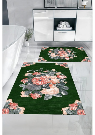 Buççin Online Mağaza Dijital Baskılı Yıkanabilir Kaymaz Taban Çiçek Detaylı Banyo Paspası Klozet Takımı Polyester Yeşil Çok Renkli