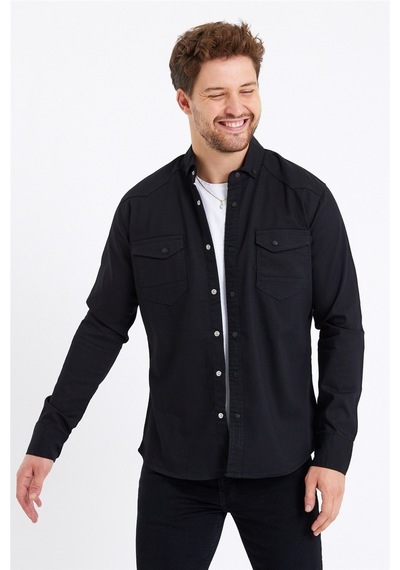 Cool Tarz Erkek Siyah Çift Cepli Çıt Çıt Düğmeli Slim Fit Kot Gömlek-tcktgmlkr01s Siyah Siyah