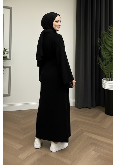 Defymoda Kadın Siyah Ribanalı / Fitilli Uzun Tesettürlü Kışlık Elbise - Çan Kol Detaylı Astarlı/örme Siyah