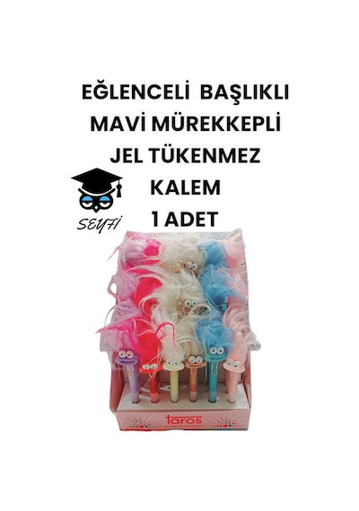 Eğlenceli Başlıklı İnce Uçlu Jel Tükenmez Kalem Mavi Mürekkep 6