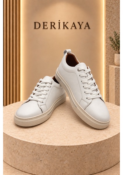 Deri Kaya Erkek Minimal Tasarım Bağcıklı Günlük Sneaker Spor Ayakkabı Beyaz