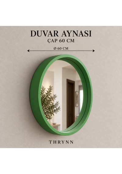 Dekoratif Duvar Aynası Yuvarlak Çerçeveli 60cm Yeşil Şifonyer Ve Makyaj Masası Üstü