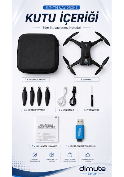 Int-t16 Uav Drone Hd Kamera Fırçasız Motorlu Uzaktan Kumandalı Katlanabilir Drone
