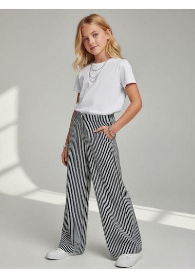 Zekids Kız Çocuk Çizgili Geniş Paça Pantolon-16894 Lacivert